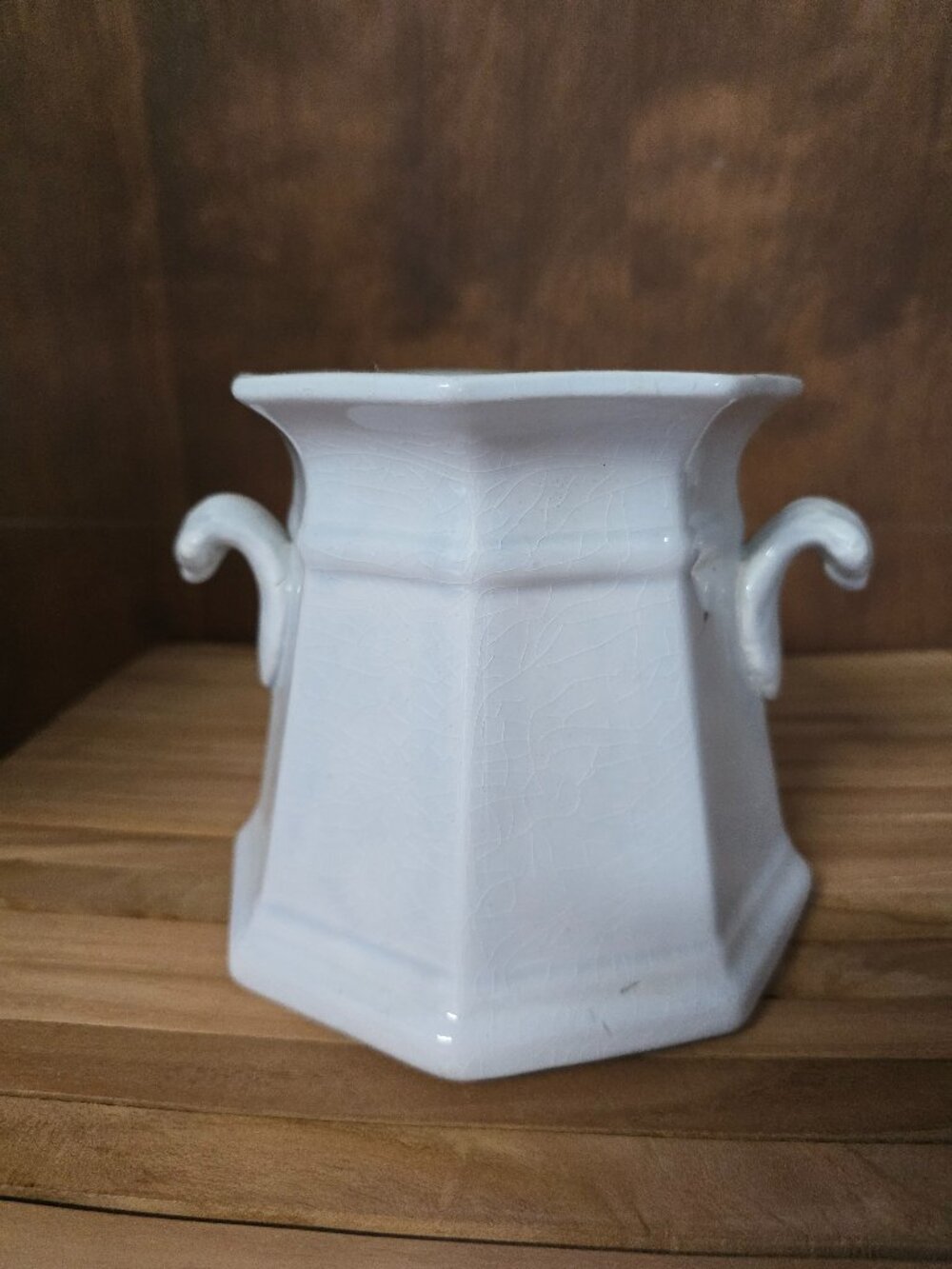 White  Octagonal Vase with repaired handle